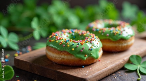 Green donuts with sprinkles on wooden board for St. Patrick's day