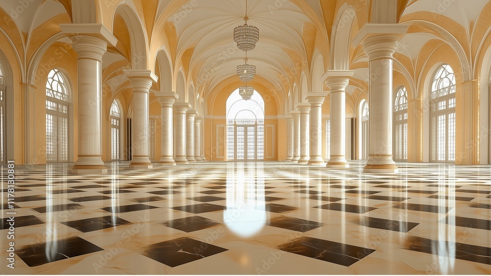 Fototapeta premium A mosque with a sandy beige floor, featuring elegant black-and-white checkered tiles