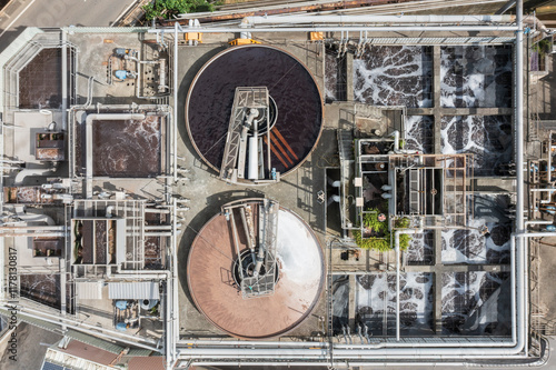 Aerial View of Modern Wastewater Treatment Facility and Tanks photo