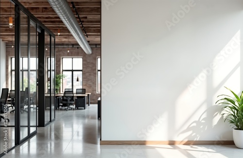 Modern office lobby with blank white wall. Empty space awaits design. Natural light casts shadows on wall. Grey concrete floor. Glass partitions. City view through windows. Business, office design,