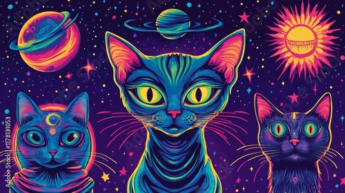 Psychedelic rave trip party banner templates set, martian head and cat with three eyes, mouth with tongue and disco ball, acid backgrounds. Vector cartoon hippie posters with druds photo