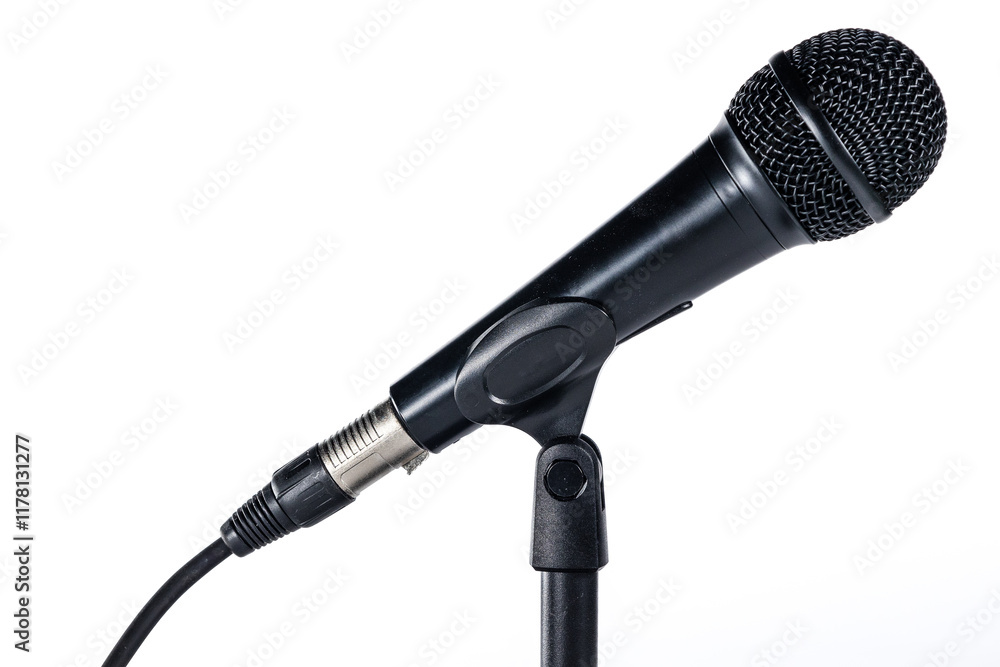 Hand-held microphone on black table stand on white background connected to xlr cable. Concept: Radio, professional sound, brodcasting, podcast.