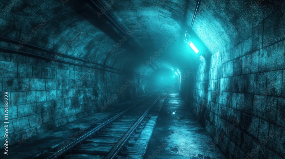 underground ambiance, dim, ethereal blue lights illuminate concrete block walls, bordering a narrow underground track, creating a futuristic ambiance underground ambiance, dim, ethereal blue lights illuminate concrete block walls, bordering a narrow underground track, creating a futuristic ambiance