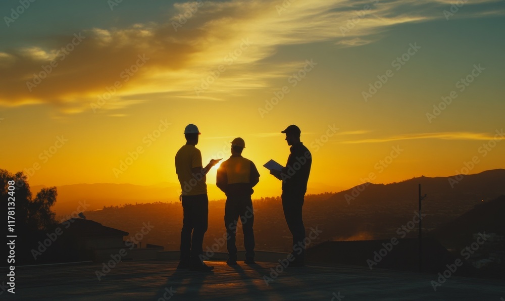 Construction Workers Discussing Plans at Sunset Construction Workers Discussing Plans at Sunset