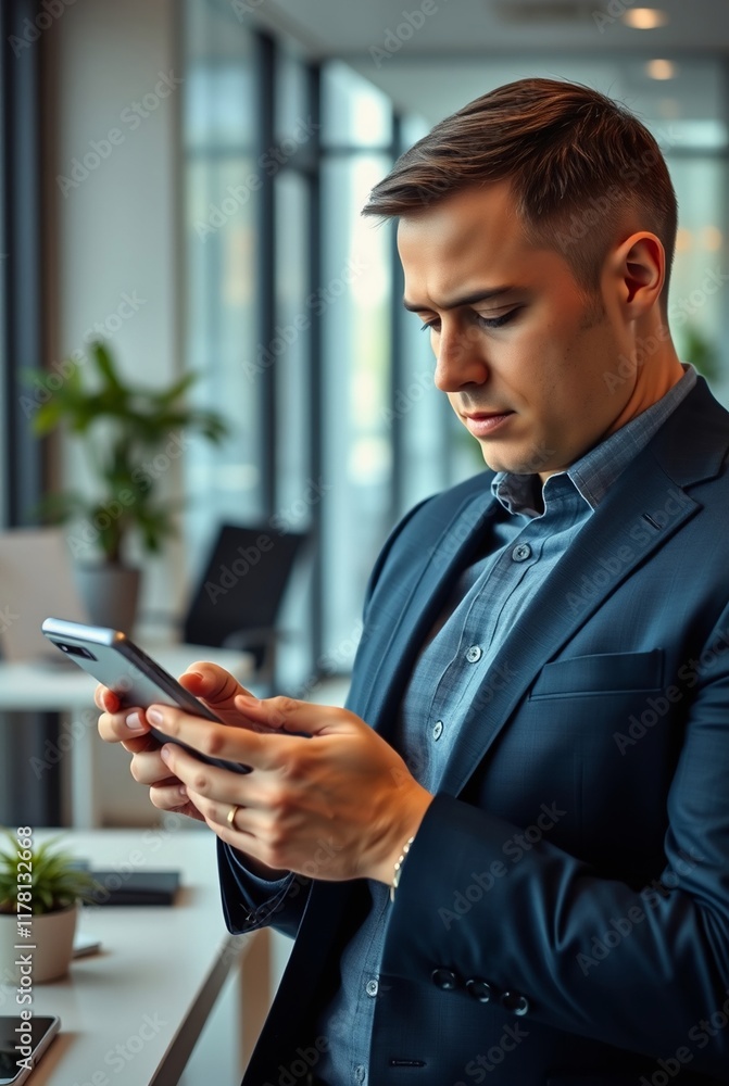 Professional Businessman Engaged in Mobile Communication in Modern Office Environment Professional Businessman Engaged in Mobile Communication in Modern Office Environment