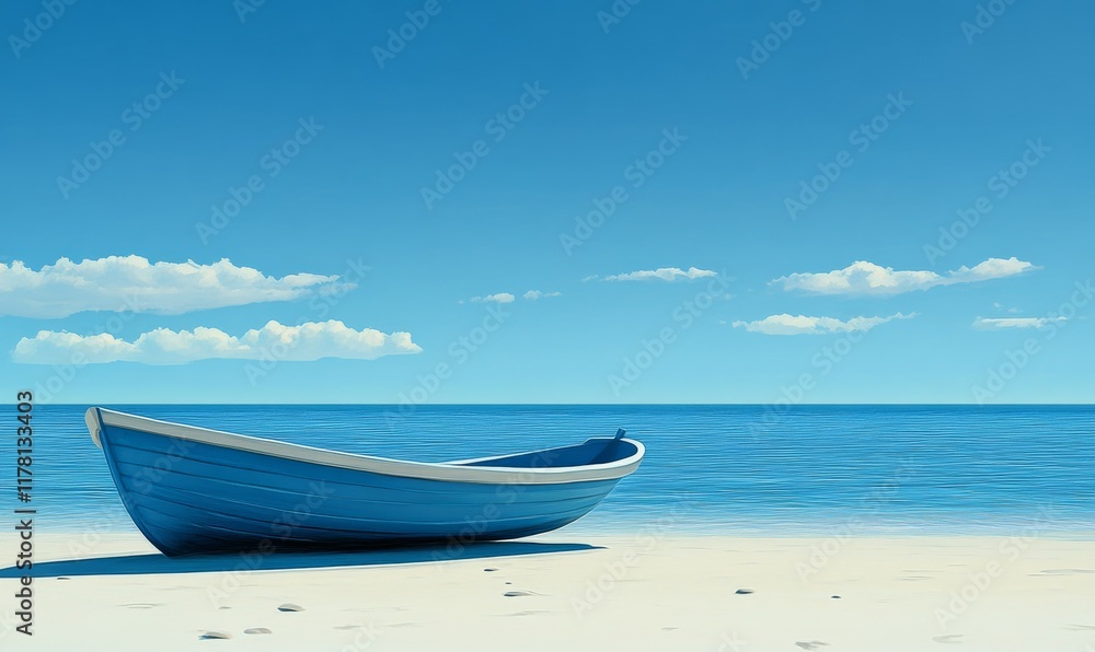 Blue boat is sitting on the beach. The sky is blue and the water is calm. The scene is peaceful and relaxing Blue boat is sitting on the beach. The sky is blue and the water is calm. The scene is peaceful and relaxing
