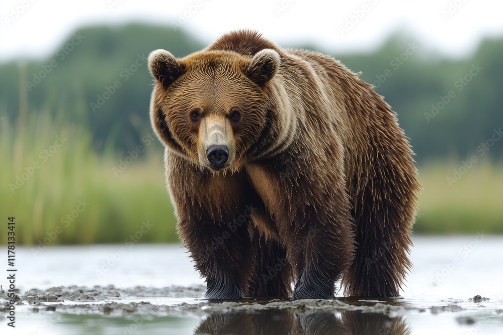 A large brown bear standing in a body of water, possibly near a river or lake A large brown bear standing in a body of water, possibly near a river or lake