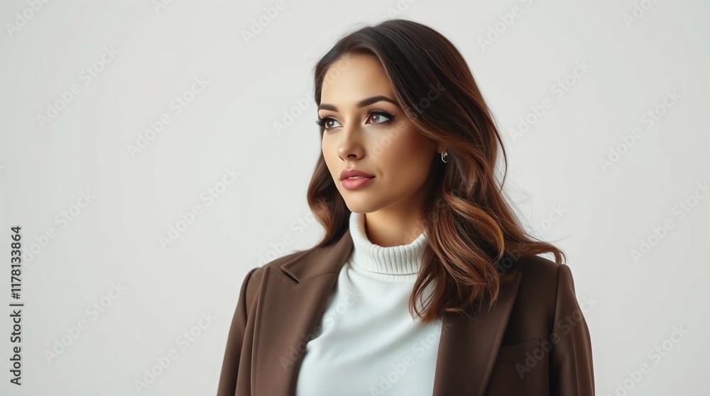 Obraz premium Professional Young Woman in Stylish Brown Suit with Neutral Background