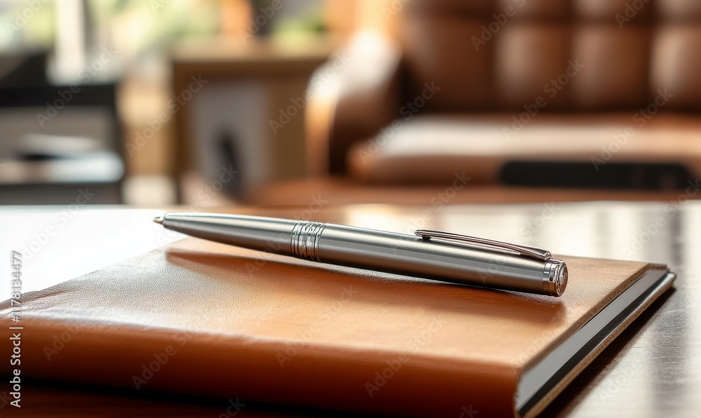 Metal pen mockup on a leather notebook, minimalist office desk background, small details like engravings visible, professional and elegant vibe, Metal pen mockup on a leather notebook, minimalist office desk background, small details like engravings visible, professional and elegant vibe,