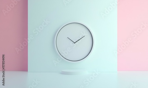 Minimalist clock with no numbers, simple black hands on a white circular frame, resting on a blank pastel wall, photo