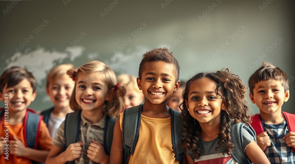 Diverse Group of Happy Children Smiling in Classroom Setting with Backpacks Diverse Group of Happy Children Smiling in Classroom Setting with Backpacks