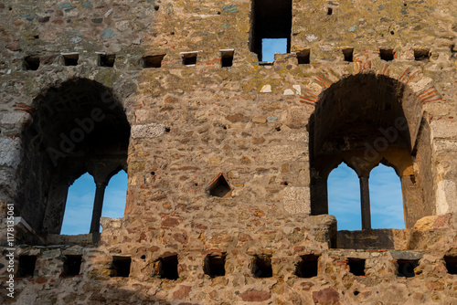 Smederevo medieval fortress stone window. Detail of the medieval fortress in Smederevo. City walls of the ancient fortress on the banks of the Danube in Serbia. photo