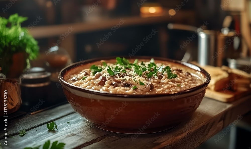 Rich and creamy mushroom risotto served in a ceramic bowl, topped with fresh parsley and Parmesan shavings, surrounded by rustic kitchen elements, Rich and creamy mushroom risotto served in a ceramic bowl, topped with fresh parsley and Parmesan shavings, surrounded by rustic kitchen elements,