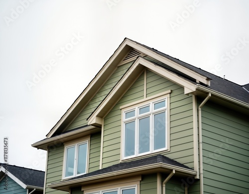 New modern house with light green exterior siding, white windows. Roof dark gray. House nice architectural design with sloping roofline. Top of house visible in photo, design quite appealing. Example