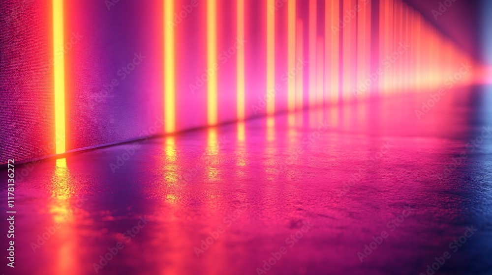 Obraz premium Neon Lights Illuminate Reflective Wet Floor Corridor