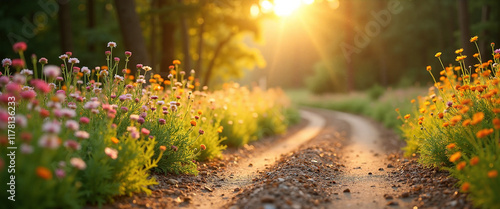 Winding backroad bordered by vibrant wildflowers basking in warm sunlight evoking a serene and tranquil atmosphere perfect for nature lovers