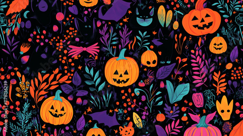 Halloween pumpkins, cats, and flowers seamless pattern.