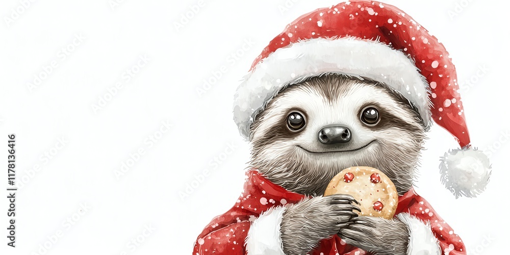 Gentle sloth in oversized Santa hat and coat holding a Christmas cookie Gentle sloth in oversized Santa hat and coat holding a Christmas cookie