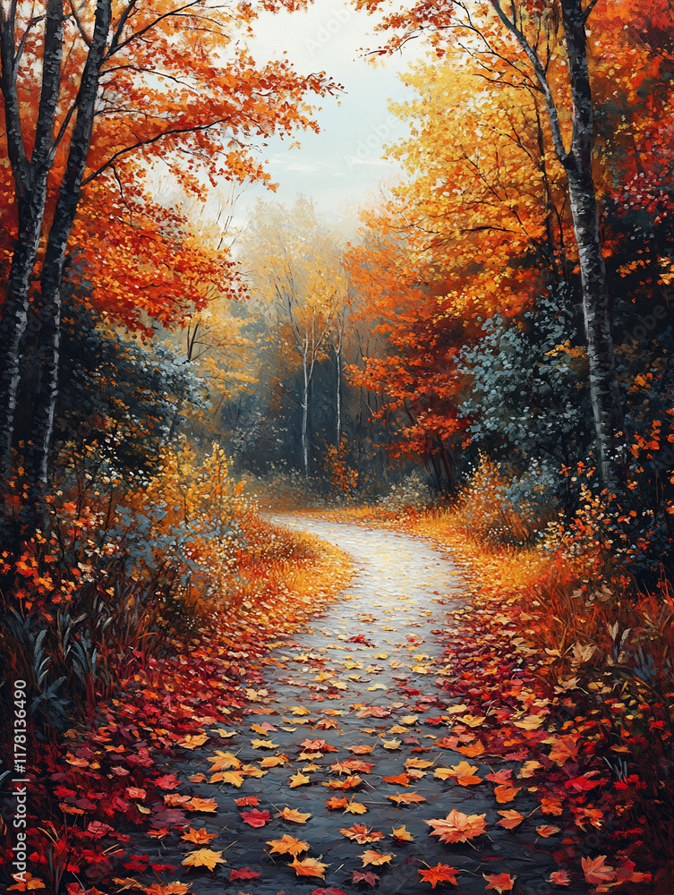 Fototapeta premium Serene autumn path through vibrant forest.