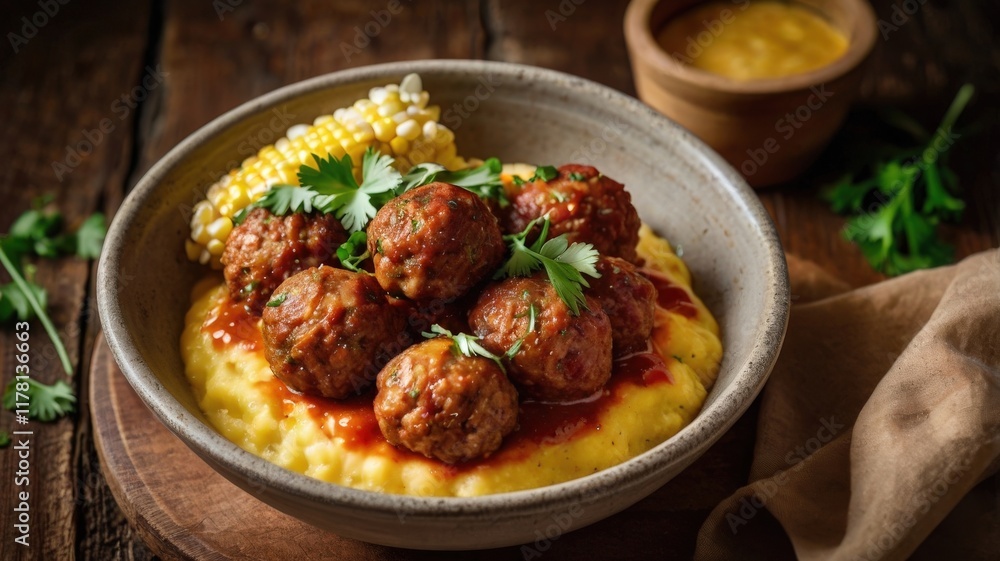 Golden-Brown Fried Meatballs with Spicy Red Sauce and Creamy Corn Polenta Golden-Brown Fried Meatballs with Spicy Red Sauce and Creamy Corn Polenta