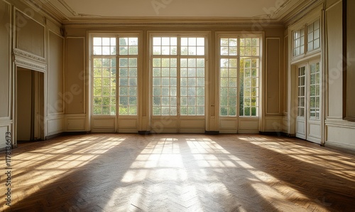 Wallpaper Mural Spacious empty room with large windows and wooden floors, filled with natural light Torontodigital.ca
