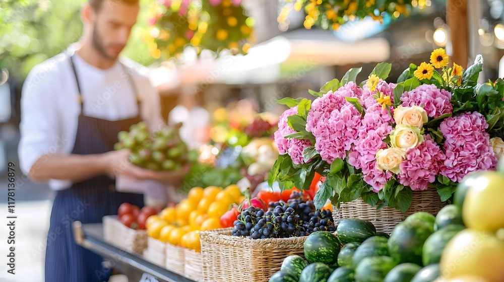 Fresh produce and flowers at a market stall, with a vendor in the background. Fresh produce and flowers at a market stall, with a vendor in the background.