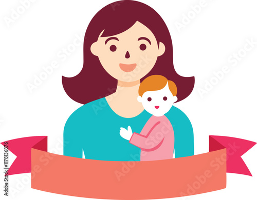 Vector Illustration Of Mother Holding Baby Child In Arms. Happy Mother's Day Greeting Card.Happy mother's day banner.