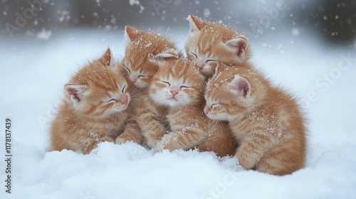frozen kittens are sitting in the snow and huddle together to keep warm from the cold