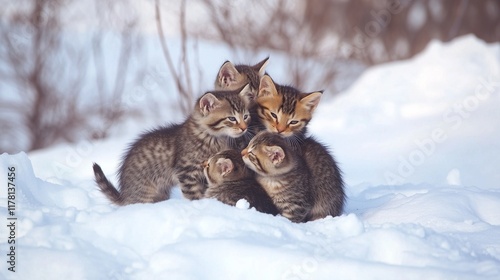 5 kittens sitting in the snow and cuddling together