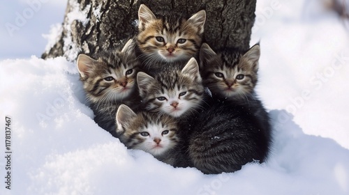 5 little kittens are lost and very cold. They are sitting in the snow under a tree and huddle together to keep warm from the cold