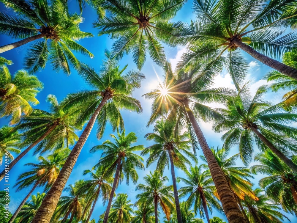 Summer Sunlight Through Palm Trees, Los Angeles/Miami Beach Vacation Vibes, Upward View Summer Sunlight Through Palm Trees, Los Angeles/Miami Beach Vacation Vibes, Upward View