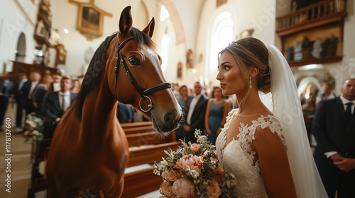 bride and a horse in a church