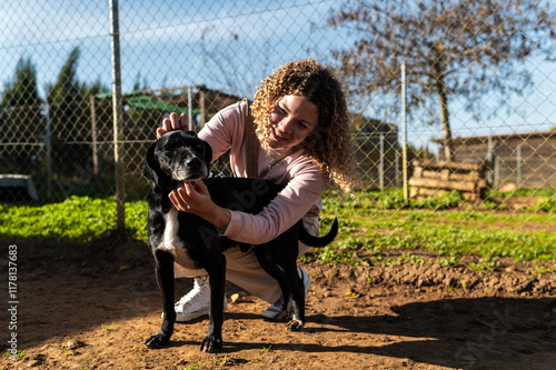 Volunteer helps stray dog in animal shelter enclosure photo