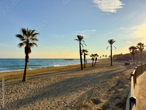 Fototapeta Naklejka Na Ścianę i Meble -  beautiful sunset on the beach with palms seen from the promenade between Marbella and Puerto Banús, Malaga, Costa del Sol, Andalusia, Spain