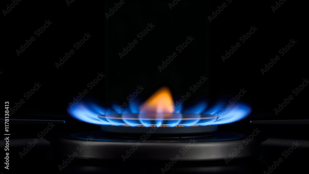 Blue and orange gas flame on a burner, symbolizing energy, power, or natural resources. Generative AI Blue and orange gas flame on a burner, symbolizing energy, power, or natural resources. Generative AI