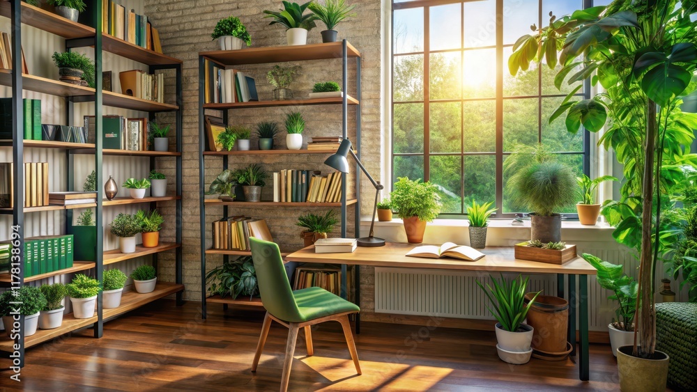 Cozy study room with books and plants, greenery, studious environment, greenery, studious environment Cozy study room with books and plants, greenery, studious environment, greenery, studious environment