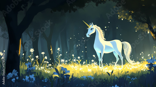 Unicorn in a glade with flowers that glow where its hooves touch. Evergold. Illustration photo