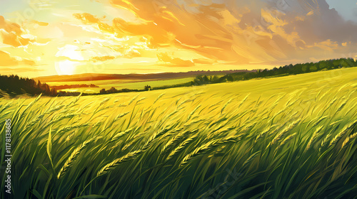 Vibrant green grass field at sunset with warm sunlight casting a golden hue. Evergold. Illustration