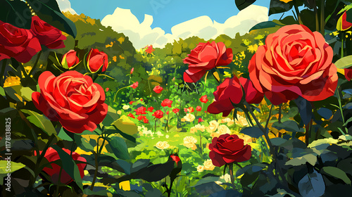 Vibrant red roses blooming in a lush garden landscape. Evergold. Illustration photo