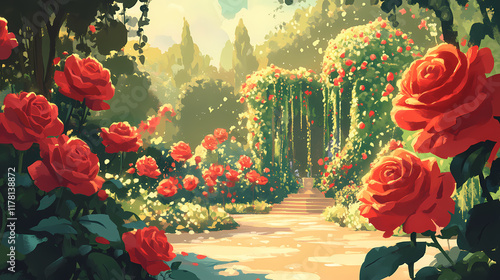 Vibrant red roses blooming in a lush garden landscape. Evergold. Illustration photo