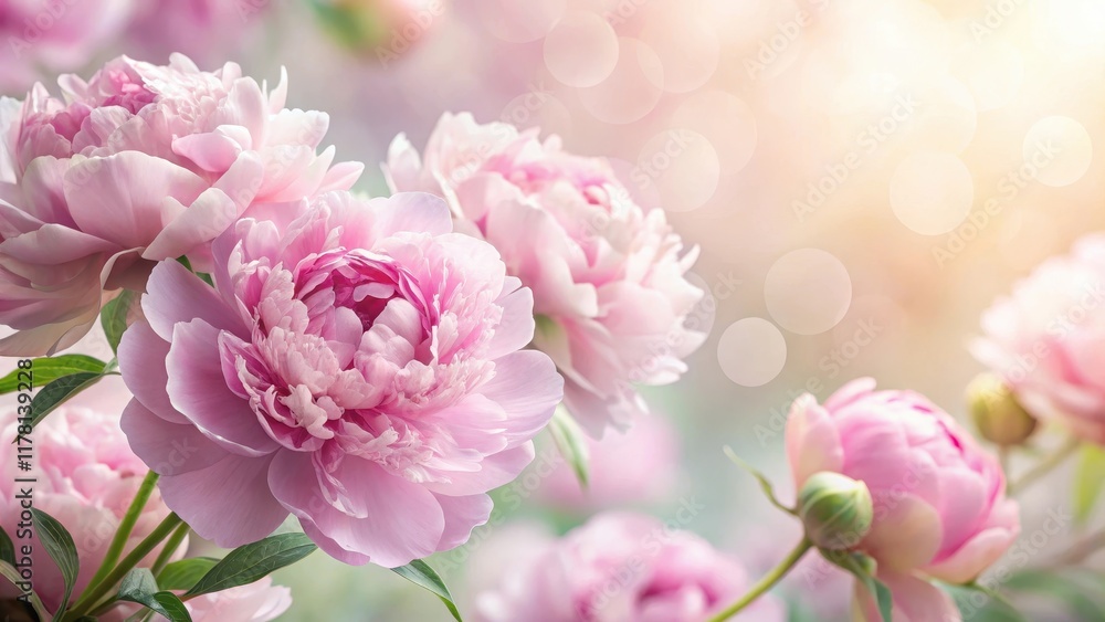 Obraz premium Delicate petals of fluffy pink peonies unfold against a soft focus background