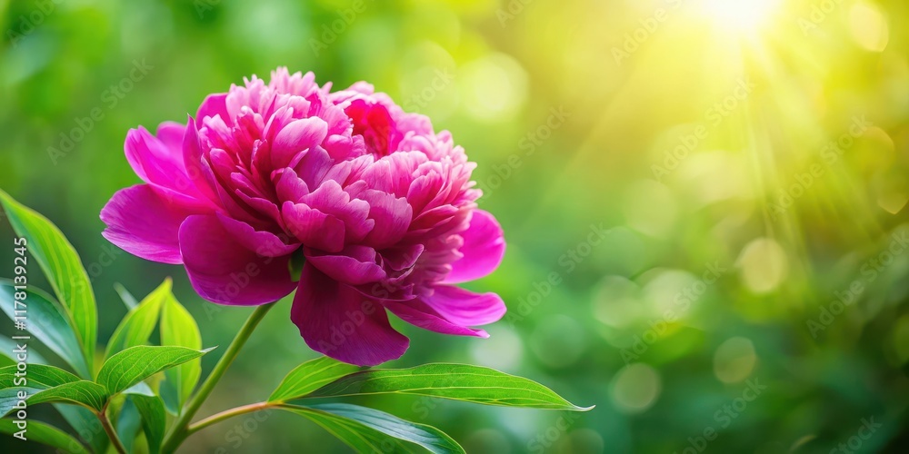 Fototapeta premium Peony in Fuchsia Color Against Summer Green Leafy Backdrop with Soft Garden Light Effect