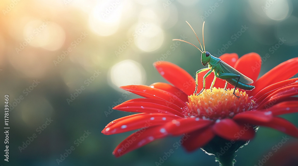 Green grasshopper perched on a vibrant red flower with morning dew. Green grasshopper perched on a vibrant red flower with morning dew.