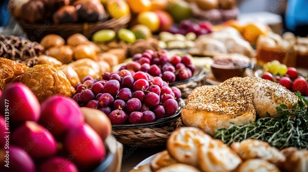 Vibrant farmers market display with assortment of fresh produce and baked goods
