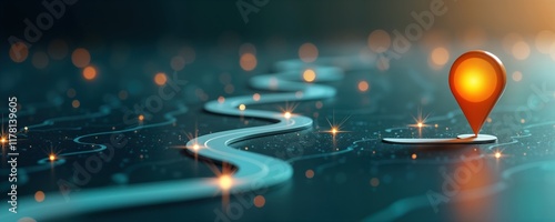 Modern tech roadmap graphic shows future infrastructure upgrades, software implementation. Plan for future innovations. Illustrates tech improvement, migration. Glowing orange marker pinpoints