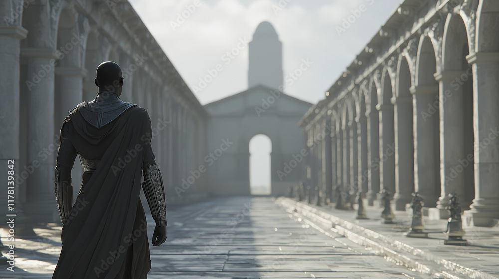 Naklejka premium A lone figure approaches a glowing red doorway amidst futuristic skyscrapers under a rainy night sky