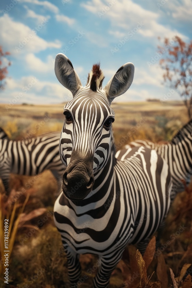 Naklejka premium A group of zebras enjoying the green grass and sunshine