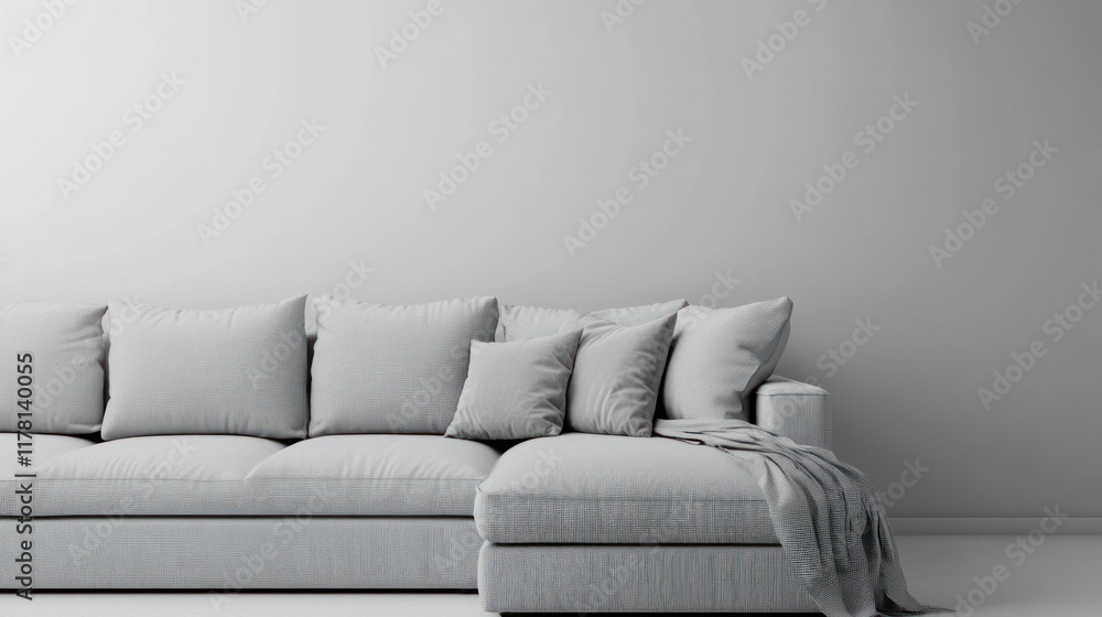 Minimalist light grey sectional sofa against a white wall. Minimalist light grey sectional sofa against a white wall.