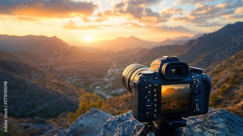 DSLR camera captures sunset over mountains.