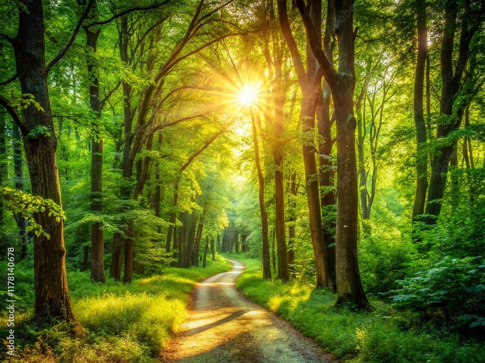 Obraz premium Sunlit Forest Path: Serene Nature Walkway Stock Photo